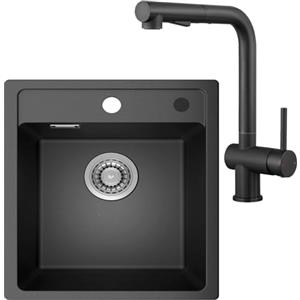ANYCEE 40x46 cm Lavello Granito con Rubinetto Cucina Estensibile, Lavandino Cucina 1 Vasca in Quarzo, Lavello Nero per Mobile da 40cm con Sifone e Scarico