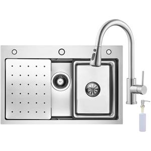 CECIPA Lavello con Rubinetto Cucina Estensibile, 70 x 45 cm Lavandino Cucina in Acciaio Inox, incl. Dispenser di Sapone e Sifone, Vasca Mobile Interno e Tagliere