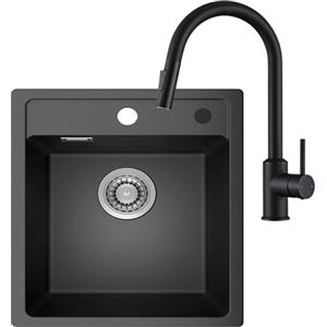 ANYCEE 45x46 cm Lavello Nero con Rubinetto Cucina Estensibile, Lavandino Cucina 1 Vasca in Granito, Lavello Quarzo per Mobile da 45cm con Sifone e Scarico