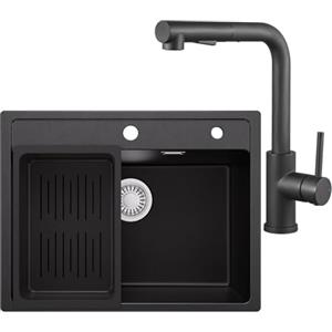 ANYCEE 60 x 46 cm Lavello Nero con L Rubinetto Cucina Estraibile, Lavandino Cucina Nero 1 Vasca con Cestello di Scarico, Lavello Granito per Mobile da 60 cm con Sifone e Scarico