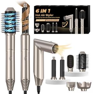UMIGA Modellatori Capelli Spazzola Ad Aria Calda con Diffusore, 6 in 1 Air Styler Spazzola Asciugacapelli, Hairstyler Phon Capelli con Arricciacapelli Ad Aria Volumizzante Spazzola Lisciante, Platino-oro