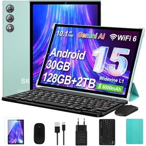 SKYEGG Tablet 10 Pollici Android 15 con Gemini AI, 30GB RAM 128GB+2TB Esp., Octa-Core, WiFi 6 BT 5.0, Widevine L1, Batteria 8000mAh, Fotocamera 8/5 MP, Tastiera Mouse Custodia, Corpo in Metallo - Verde