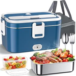 AOKBON Scaldavivande Elettrico Portatile 100W 1.8L Lunch Box Termico 3 in 1(12V/24V/240V) per Auto Camion e Ufficio, Porta Pranzo Riscaldabile in Acciaio Inox con Borsa Forchetta e Cucchiaio
