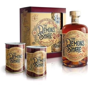 The Demon's Share Rum, 700ml, Gin Confezione Regalo, Pack con Calderoni, Note Vanigliate e Speziate, Rum Scuro Artigianale di Panama, Invecchiato 6 Anni in Botti di ex Bourbon Americano, 40% Vol.