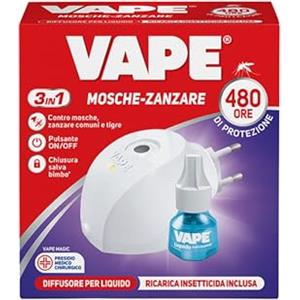 Vape Diffusore Liquido Insetti + Ricarica Liquida Mosche e Zanzare 22 ml, Diffusore Elettrico per Zanzare e Mosche, Antizanzare e Antimosche con Ricarica Efficiente 480 Ore