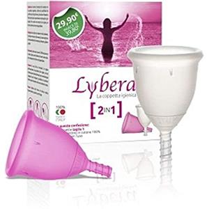 Lybera - Kit 2 Coppette Mestruali Made in Italy, Coppetta Mestruale Morbida, Sicura, in Silicone Medicale, Ecologica, Comoda, Taglia 1 x 2 Pezzi, Trasparente e Fucsia