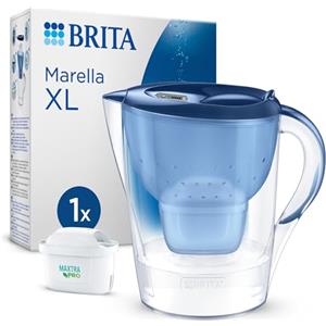 BRITA Caraffa filtrante Marella XL blu (3,5 l), incl. 1 cartuccia MAXTRA PRO All-in-1, caraffa grande con LTI digitale e coperchio a scatto - ora in confezione sostenibile Smart Box