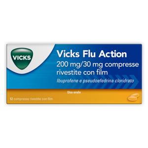 Vicks Flu Action - Compresse Rivestite 200 mg di Ibuprofene e 30 mg di Pseudoefedrina, 12 Compresse per Raffreddore e Influenza