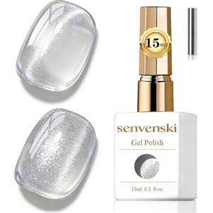 Senvenski Gelatina Vetro Cat Eye Smalto Semipermanente, 15ML Occhi di Gatto Magnetica per Gel Unghie Kit Olografico Glitterato Cristallo Smalti Unghie Salon Home DIY (Glitter Bianco, 0.5fl oz)