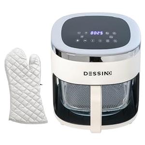 DESSINO Friggitrice ad aria digitale senza olio, 4,2 l, senza preriscaldamento e spegnimento automatico, cesto di vetro con visione a 360°, schermo tattile, capacità 5-6 razioni, 6 programmi, pulizia