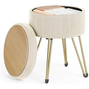 SONGMICS Sgabello Pouf Contenitore, Cassapanca Rotonda, Sgabello Toeletta in Velluto, 39 x 44,4 cm (Diam. x A), 4 Gambe in Metallo, Soggiorno Camera da Letto, Bianco Crema LOM003W01