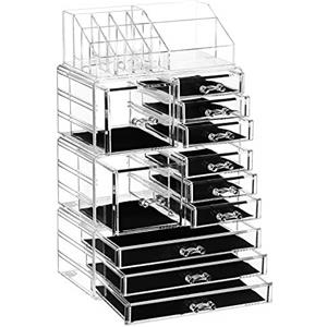 SONGMICS Organizer Trucchi con 11 Cassetti e 15 Scomparti di Diverse Dimensioni, Organizzatore per Cosmetici 4 in 1 XXL, Tappetini Antiscivolo, per Make Up e Gioielli, Trasparente JKA017TP