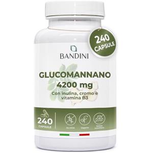 Bandini® GLUCOMANNANO FORTE 4.200 mg per Dose Giornaliera, 240 CAPSULE, Arricchito con Cromo, Vitamina B3 e Inulina, Integratore Alimentare con Formula Ad Alto Dosaggio, 100% Vegan, Made in Italy
