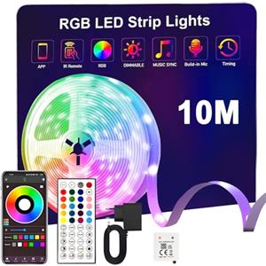 Sylvwin Striscia LED 10m,Strisce LED 10 Metri RGB con Funzione Musicale,44 Tasti Telecomando e App Bluetooth,Nastri per Soggiorno/Cucina,Decorazione Camera da Letto, Festa, Bar,TV