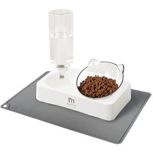Marchul Ciotole per Gatti con Tappetino, per cibo, con Distributore Automatico di Acqua, Rialzate, 15° Inclinate, Doppio, per Cuccioli