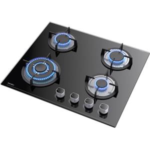 Hermitlux Piano Cottura a Gas 4 Fuochi, 60cm, per Gas Naturale/Propano, Sicurezza con Termocoppia, Vetro Nero