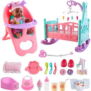 deAO Bambola con Accessori, Set da 21 Pezzi con Culla 12' Bambolotti Bebè Seggiolone e Lettino Giocattolo Educativo per Bambina 3+ Anni in su Idea Regalo per Natale o Compleanno | Nero