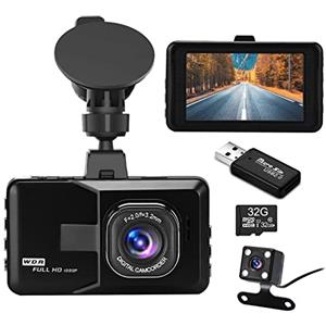 Podazz Dash Cam Doppia Telecamera per Auto con Scheda SD da 32 GB, 1080P Visione Notturna, 3 Pollici Obiettivo Grandangolare di 170°, WDR, G-Sensor, Registrazione in Loop, Sensore Parcheggio
