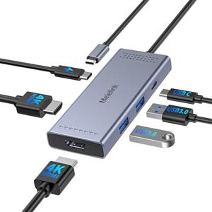 Melelink USB C Dual Monitor Docking Station Melelink USB-C to Dual HDMI Adapter with 2 HDMI 4K 60Hz, 100W PD, 2 USBA 3.0 Ports, Type C 3.0, Thunderbolt Adapter Dock for Dell HP Lenovo Asus, MacBook Pro Air