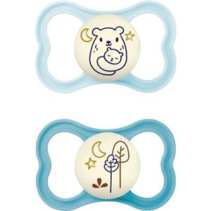 MAM Air Night S240 Ciuccio con aperture extra grandi per pelli sensibili, tettarella in silicone ultra morbida, per bambini dai 6 mesi, blu, con scatola sterilizzatrice automatica, 2 pezzi, 6+ meses