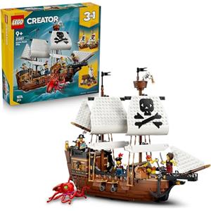 LEGO Creator 3 in 1 Iconica Nave da Pirata - Giocattolo Trasformabile in Castello o in 2 Barche Gemelle - Decorazione per la Cameretta - Regalo di compleanno per Bambini e Bambine da 9 Anni - 31387