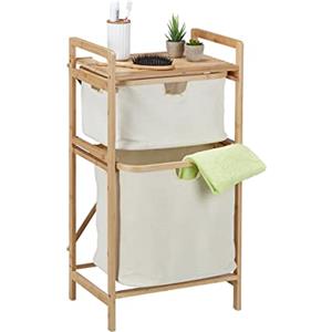 Relaxdays Mobile Portabiancheria, 2 Ceste Estraibili in Tessuto, Scaffale in bambù, Ripiano, 85x44x33 cm, Naturale Beige