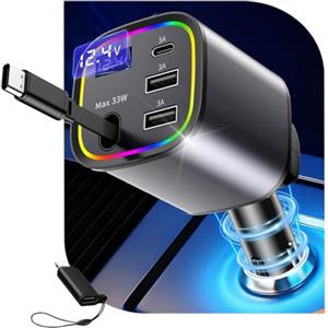 AGEMANY Caricatore Auto USB C 4 in1, AGEMANY 78W Rapido Accendisigari Auto con Cavo Retrattile e Luce RGB, Accendisigari USB Caricatore telefono auto per iPhone Android, Accessori Auto 12V/24V
