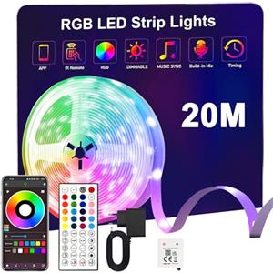 Sylvwin Striscia LED 20m,Strisce LED 20 Metri RGB con Funzione Musicale,44 Tasti Telecomando e App Bluetooth,Nastri per Soggiorno/Cucina,Decorazione Camera da Letto, Festa, Bar,TV