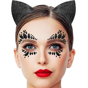 YJSDDNTY Tatuaggi temporanei Decorazione per Halloween, Gemme Adesivi con orecchie di gatto, colore nero, carnevale, trucco, cosplay，per Feste di Halloween Carnevale