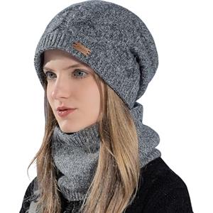 WANYI Set di Cappelli e Scaldacollo in Maglia, Invernali Cappello e Sciarpa con Fodera in Pile per l'esterno e Tutti i Giorni 55-60CM (Grigio Scuro)