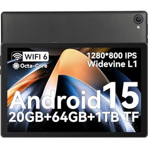 Whitedeer Tablet 10 pollici Android 15 Octa-Core, Face ID, OTG, 20GB+64GB+1TB Espansione, 1280 * 800 IPS, Split-Screen, WiFi 6, BT5.3, Doppia Fotocamera 5MP+8MP, 5000mAh, Widevine L1 (Nero)