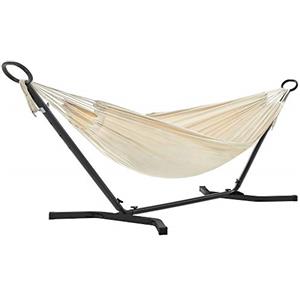 SONGMICS Amaca con Stand, 210 x 150 cm, 5 Altezze Regolabili, Amaca Portatile con Struttura di Metallo, capacità di Carico 240 kg, Patio, Giardino, Cortile, Stand Nero e Amaca Beige GHS001M01