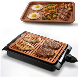 STARLYF Barbecue elettrico Smokefree Grill Cooper + Piatto extra - Barbecue Elettrico da Tavolo Senza Fumo, 1250W | Bistecchiera con Rivestimento in Rame Antiaderente | Temperatura Regolabile
