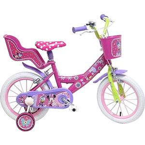 albri bicicletta da 14 pollici di minnie, con stabilizzatori laterali, portabambole, cestino anteriore personalizzato. Made in Italy