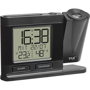 TFA Dostmann Sveglia con proiettore soffitto, 60.5017.01, radiosveglia digitale, con alimentatore, termoigrometro, oscurabile, orologio da camera, nero