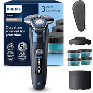 Philips Shaver Series 7000 - Rasoio elettrico uomo, secco e umido, rifinitore a scomparsa, base ricarica, custodia da viaggio, 1 capsula e 4 cartucce Quick Clean (Modello S7885/63)