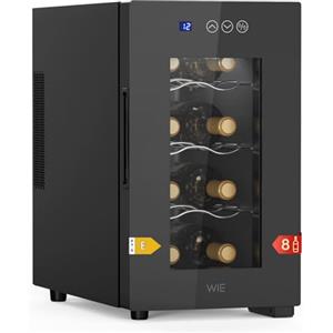 WIE Cantinetta Vino 8 Bottiglie, Raffreddamento Termoelettrico, Cantinetta Vino Refrigerata con Controllo touchscreen, Porta in Vetro a Specchio, Ripiani Regolabili, Luce LED, Muto, 5-18℃