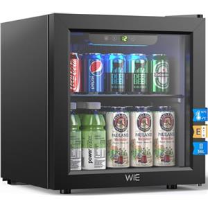WIE Mini Frigo 36L con Compressore, Frigo Vetrina 55 Lattine, Temperatura Regolabile 4-16°C, Porta in Vetro, Silenzioso 43 dB, Classe E, LED, Porta Reversibile - Per Casa, Ufficio, Bar, Camper