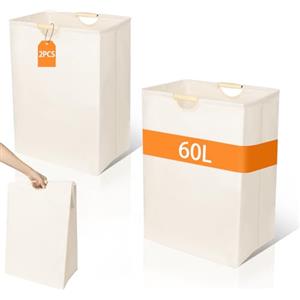 AiQInu 2 Pezzi Portabiancheria Salvaspazio 60L, Cesto Biancheria Sporca, Cesta Portabiancheria, Grandi Portabiancheria Pieghevole, Cesto Porta Biancheria per Lavanderia, in Cotone e Lino Naturale, 56*
