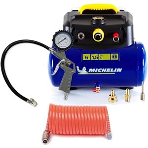 Michelin Compressore d'Aria Portatile MBL6, Compressore Aria Oil-Free da 6 Litri, Manometro Integrato + Kit (Include pistola di gonfiaggio, tubo a spirale, 3 ugelli)