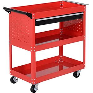 DURHAND Carrello Porta Attrezzi con Manico e Scheda Laterale, Cassetto e 3 Ripiani, Carrello Officina Porta Utensili con 4 Ruote(2 con Freno) in Lamiera di Acciaio per Garage, 82x35x76 cm, Rosso