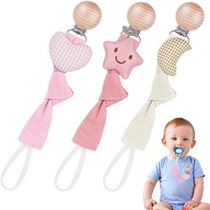 Vicloon Catenella Portaciuccio Neonato Personalizzato, 3 Pezzi Catenella Ciuccio, Catenella Portaciuccio Cotone Porta Succhietto Clip di Legno di Faggio, Catena Ciuccio per Ragazze, Serie Rosa
