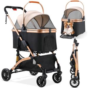 MAMIZO Passeggino per cani 3 in 1, fino a 20 kg, passeggino portatile per animali, portabicchieri e ammortizzatori, con finestre a rete, 4pcs ruote 360°, per Gatti e cani di piccola taglia, Champagne