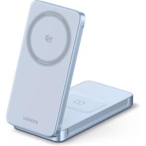 UGREEN MagFlow Qi2 25W Caricatore Wireless 2 in 1 Pieghevole Certificato Compatibile con MagSafe iPhone 17 16 15 14 13 12 Air Plus Pro Max AirPods 4 3 Pro 3 2 1 Magnetico Pieghevole Regolabile
