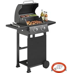 Outsunny Barbecue a Gas con 2 Bruciatori da 5.4 KW, BBQ a Gas Propano Portatile con Griglia, Ripiani Pieghevoli, Coperchio, Vaschetta Raccogli Grasso, Termometro, Ruote, per Giardino Esterno, Nero