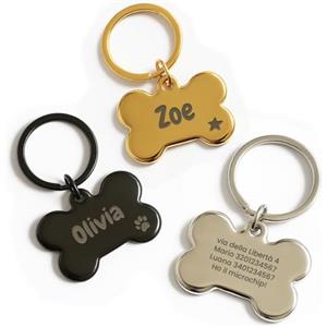 LASERO' LASERO Medaglietta Cane Personalizzata a Forma di Osso Bombato in Acciaio 40×25 mm, 30g - Targhetta Cane con Incisione Laser di Nome e Dati - 3 Colori (Argento, Nero, Oro)