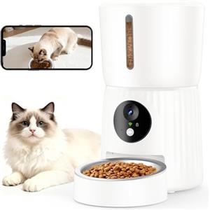 Faroro Distributore Automatico Cibo Gatti con Telecamera, Video HD 1080P, Visione Notturna, Audio Bidirezionale, Dispenser 4L, Sensore Anti-Blocco, APP, Wi-Fi 5GHz (Bianco)