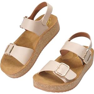 JOMIX Sandali da Donna con Zeppa in Sughero, Doppia Fibbia e Fascia Posteriore, Scarpe Estivi Comodi per la Spiaggia e il Tempo Libero WWS260452 (Beige, 37)