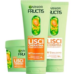 Garnier Fructis Lisci Cheratina Set con Shampoo 200ml + Maschera 370ml + Balsamo 200ml Trattamento Lisciante alla Cheratina Vegetale e Olio di Argan per Capelli Crespi e Secchi - Set da 3