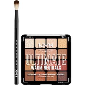 NYX Professional Makeup Palette Ombretti 16 Colori Altamente Pigmentati Ultimate Shadow 05 Warm Neutrals + Pennello Occhi per Sfumature Pro Brush Blending - Set da 2